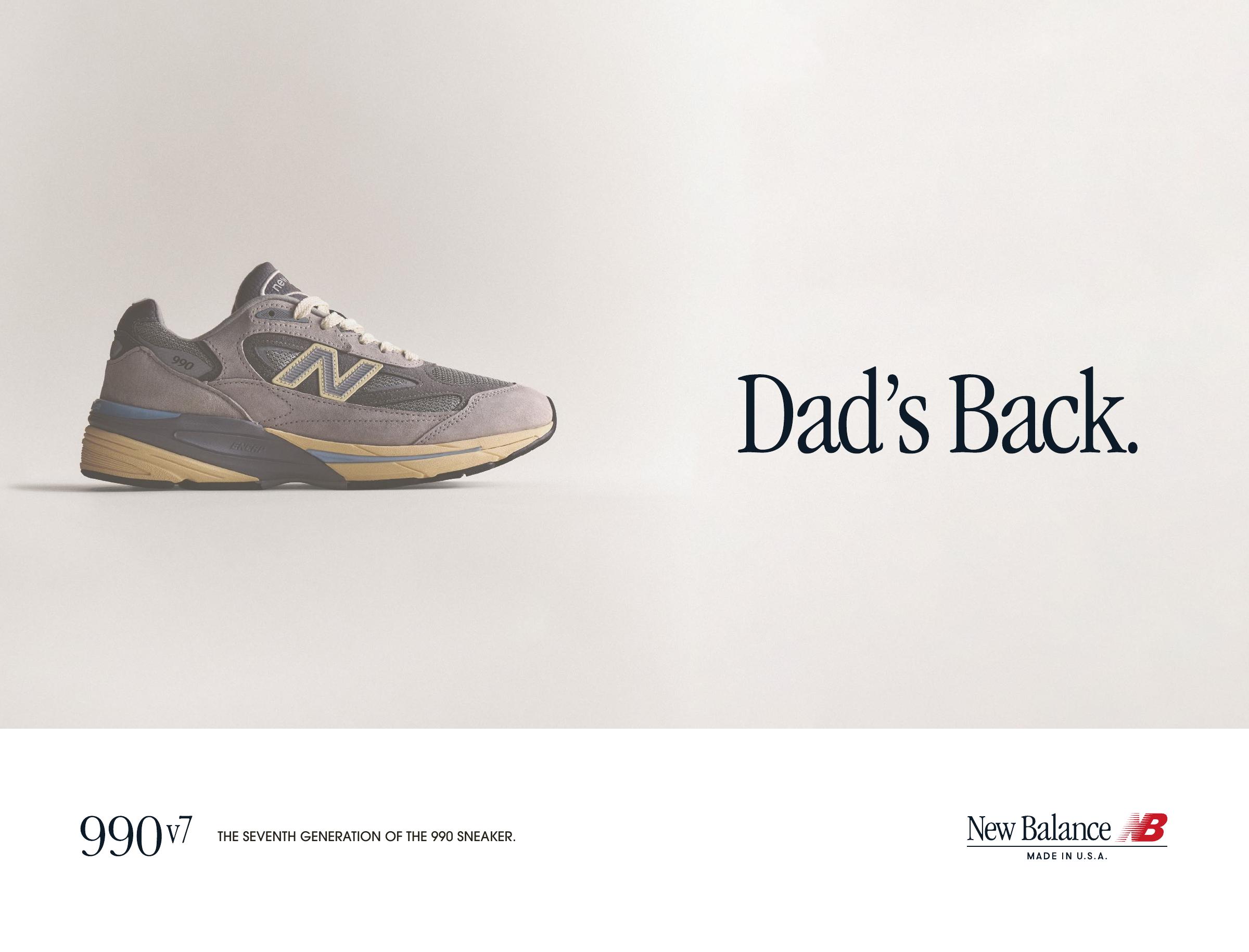 Supplied New Balance 990v7 campaign artwork featuring a grey sneaker and the headline Dad’s Back.